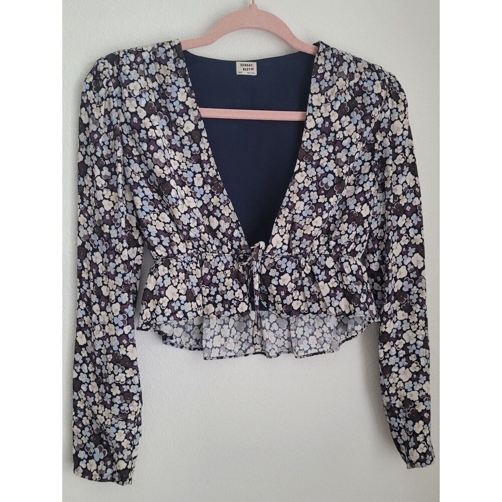 Aritzia Sunday Best Floral Tie Front Crop Top Long Sleeve Navy 2XS Retro Boho